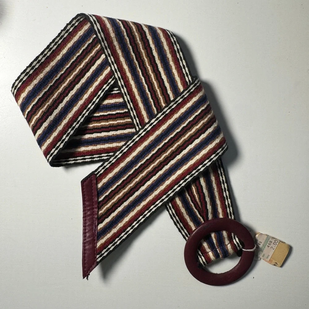 Vtg Woven Striped Belt Burgundy Leather Round Buckle Wide Dopamine chic elegant